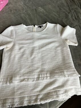Banana Republic White Textured Short Sleeve Top with Fringe Trim
